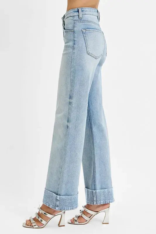 RISEN Full Size Tummy Control High Rise Ankle Wide Cuffed Jeans Plus Size