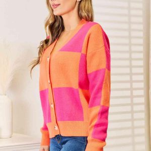 Woven Right Checkered V-Neck Dropped Shoulder Cardigan - Image 7