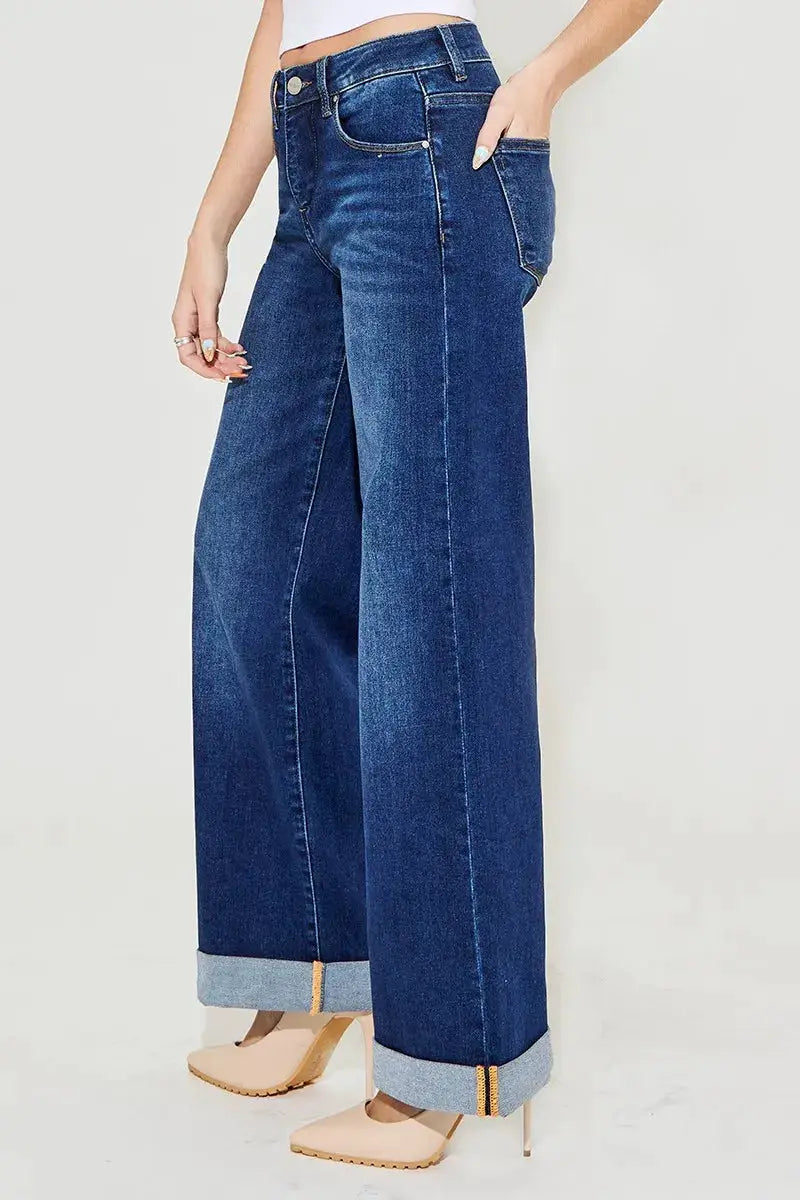 RISEN Full Size Tummy Control High Rise Wide Leg Cuffed Jeans Plus Size - Image 4