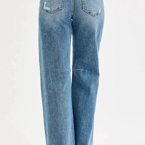 RISEN Full Size Mid Rise Fit Wide Baggy Leg Tie Washed Jeans Plus Size - Image 5