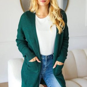 Haptics Stripe Textured Open Front Cardigan with Pockets - Image 1