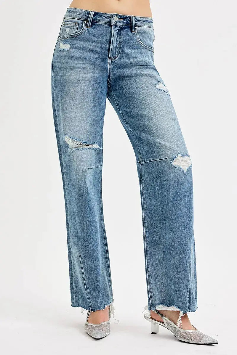 RISEN Full Size Mid Rise Fit Wide Baggy Leg Tie Washed Jeans Plus Size - Image 2