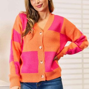 Woven Right Checkered V-Neck Dropped Shoulder Cardigan - Image 6