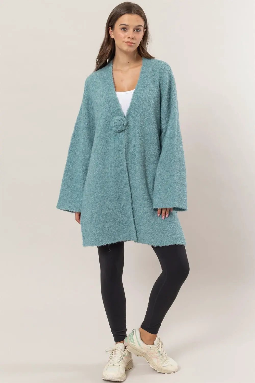 HYFVE Front Rosette Longline Slit Sweater Cardigan - Image 4