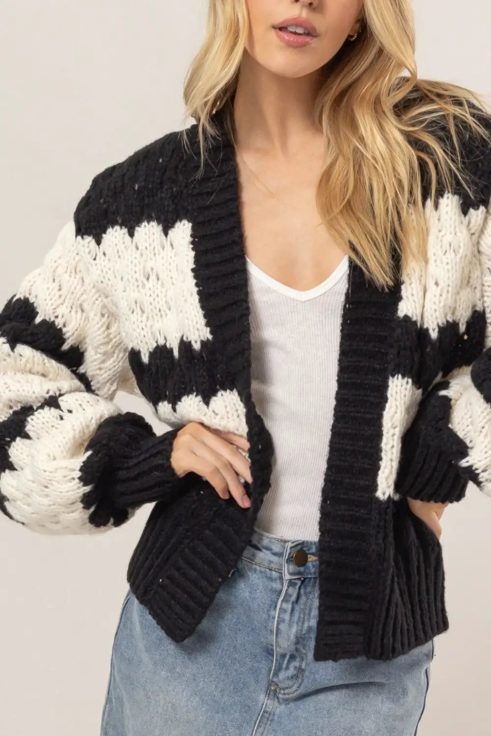 HYFVE Scallop Striped Open Front Long Sleeve Sweater Cardigan - Image 5
