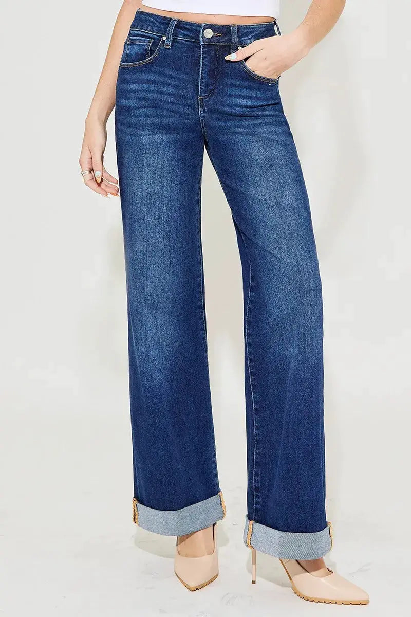 RISEN Full Size Tummy Control High Rise Wide Leg Cuffed Jeans Plus Size - Image 3
