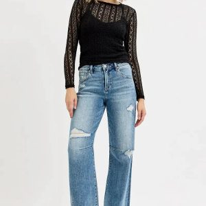 RISEN Full Size Mid Rise Fit Wide Baggy Leg Tie Washed Jeans Plus Size - Image 6