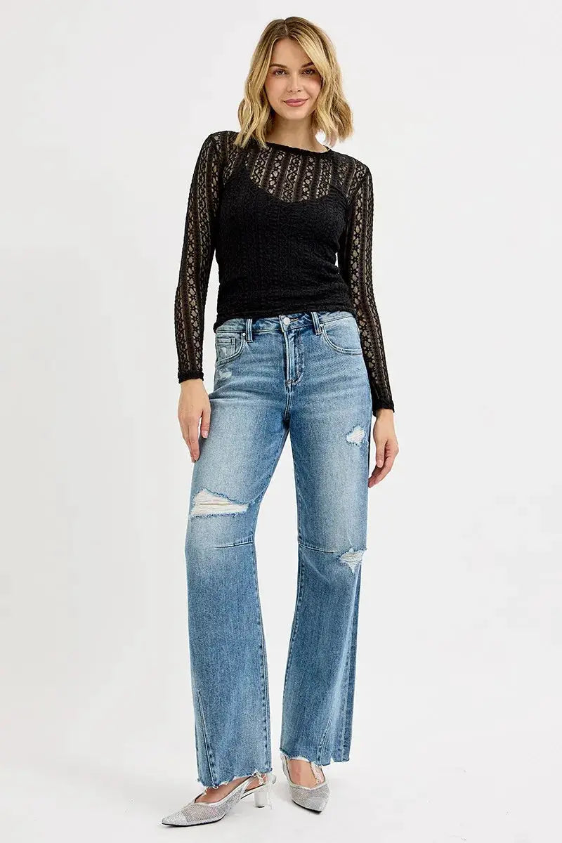 RISEN Full Size Mid Rise Fit Wide Baggy Leg Tie Washed Jeans Plus Size - Image 6