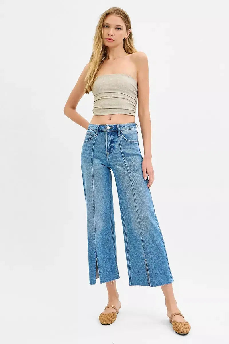 RISEN Tummy Control Mid Rise Crop Wide Front Slit Jeans - Image 6