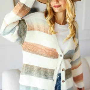 Haptics Full Size Button Down Stripe Soft Fuzzy Sweater Cardigan - Image 1