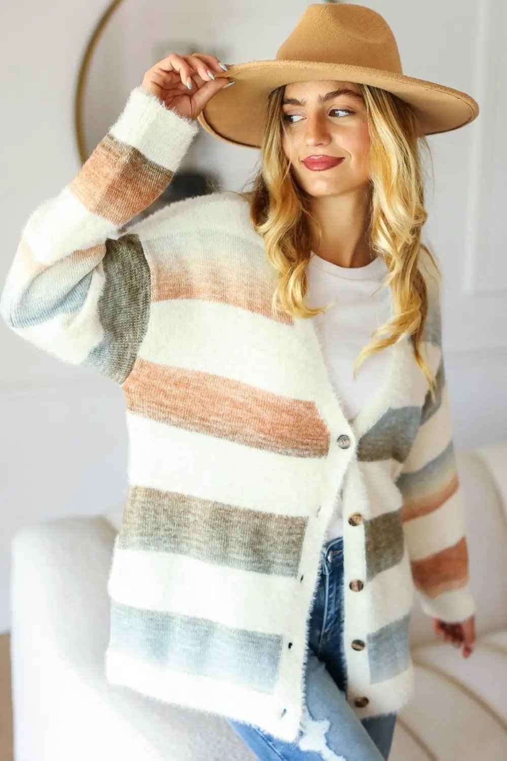 Haptics Full Size Button Down Stripe Soft Fuzzy Sweater Cardigan - Image 1