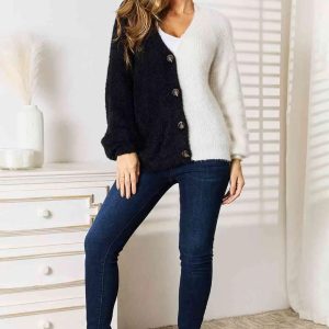 Woven Right Contrast Button-Front V-Neck Cardigan - Image 10