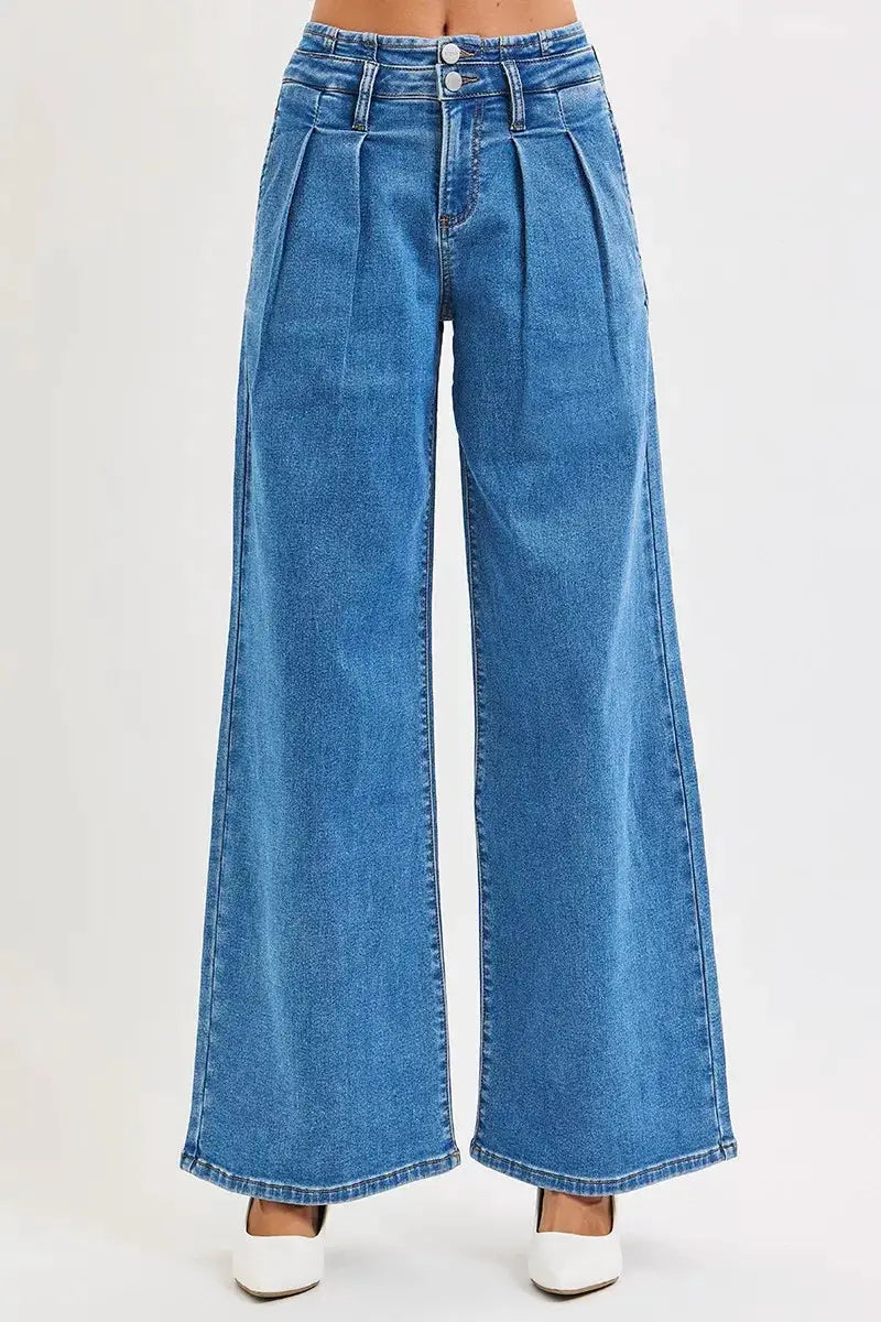 RISEN Full Size Mid Rise Fit Wide Leg with Pleated Detail Jeans Plus Size - Image 1