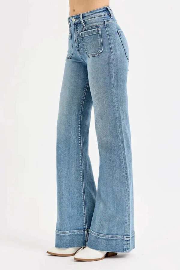 RISEN Full Size High Rise Wide Flare Patch Pocket Jeans Plus Size