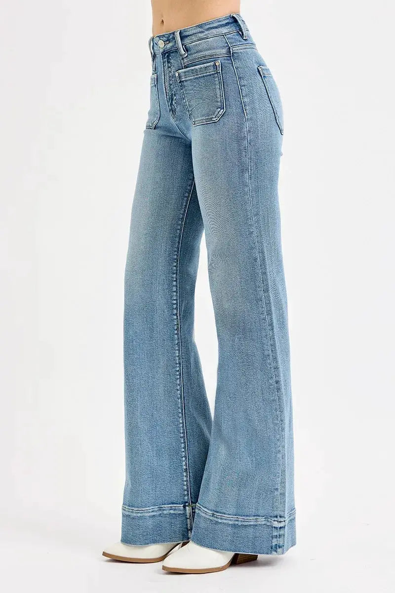 RISEN Full Size High Rise Wide Flare Patch Pocket Jeans Plus Size - Image 4