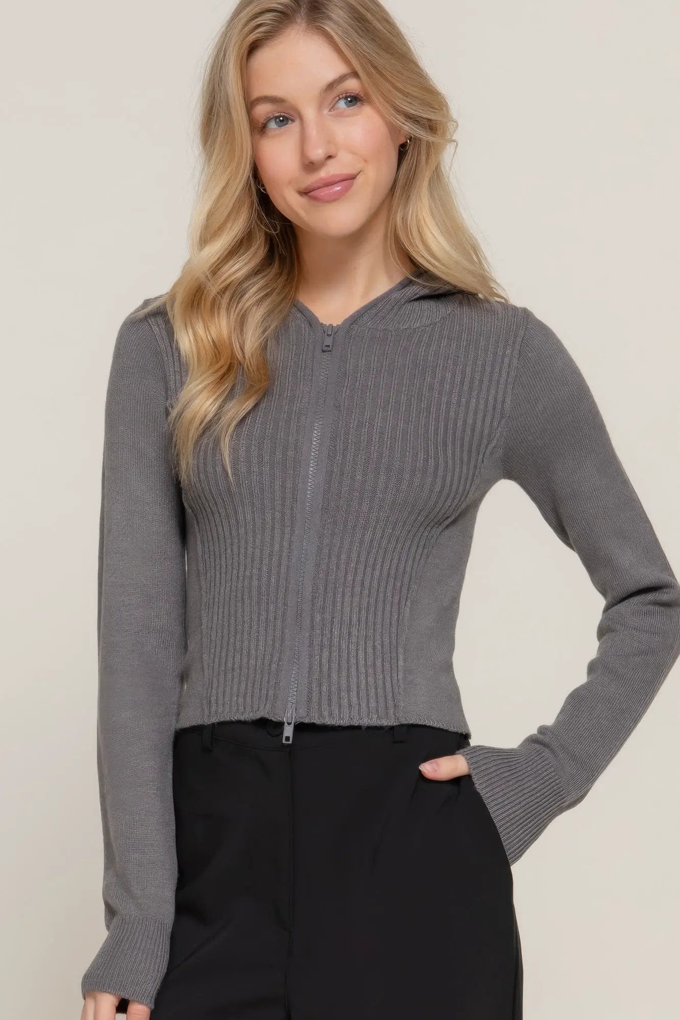 2-way zip closure sweater hoodie cardigan - Image 1