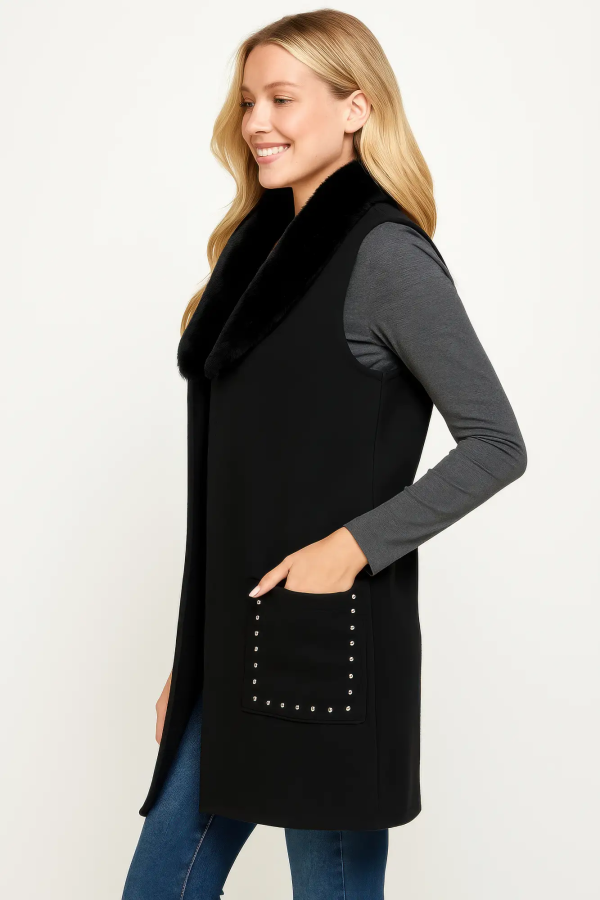 Sleeveless Wool-blend Vest With Faux Fur Collar