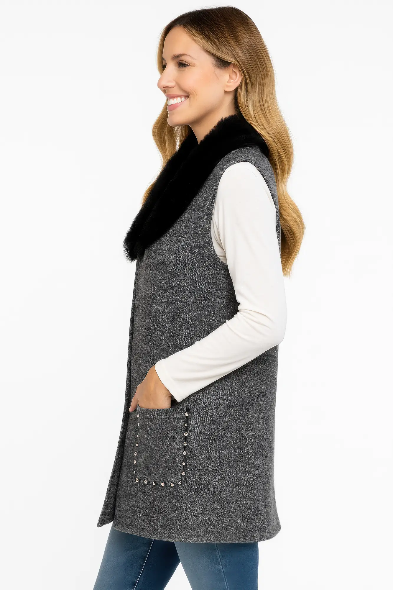 Sleeveless Wool-blend Vest With Faux Fur Collar - Image 2
