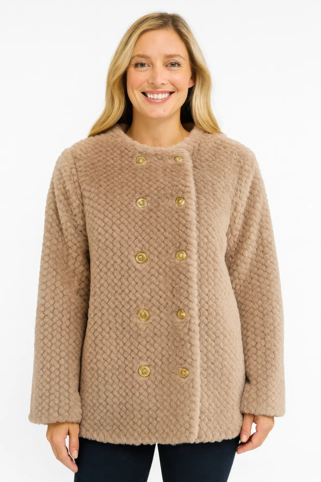 Textured Double-breasted Faux Shearling Jacket - Image 1