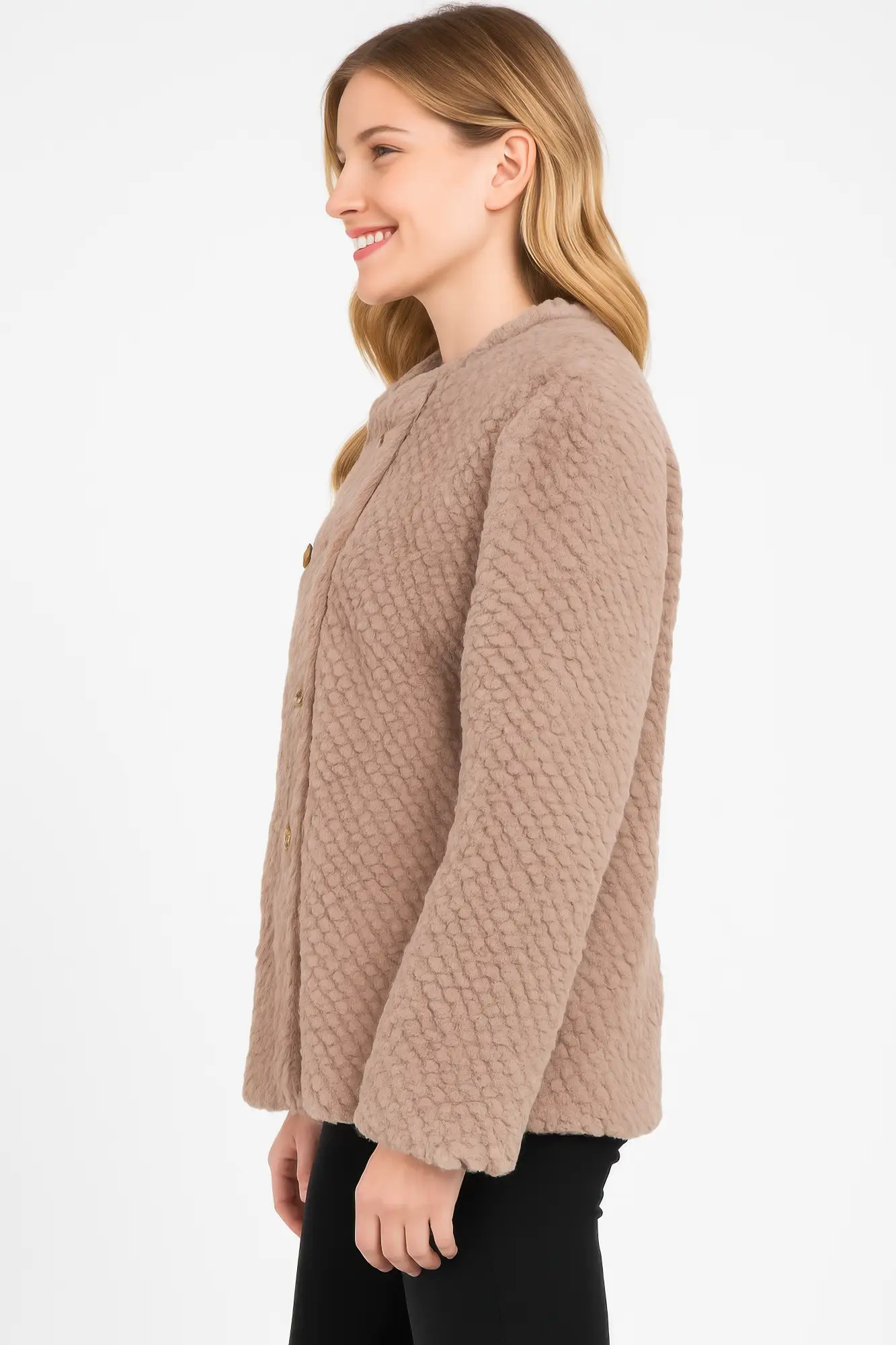Textured Double-breasted Faux Shearling Jacket - Image 2