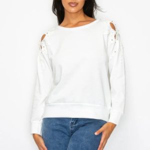 Solid Pear Bead Flower Patch Cut Out Sweatshirt - Image 1
