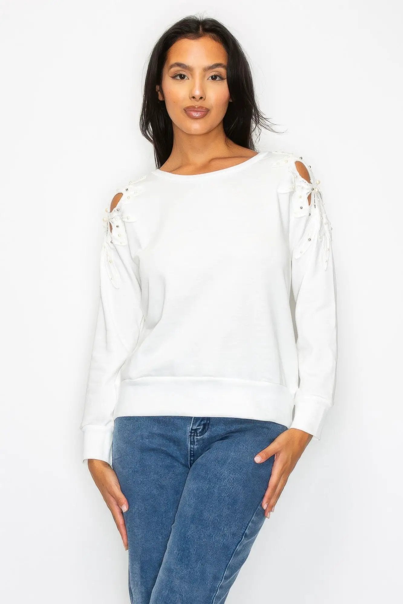 Solid Pear Bead Flower Patch Cut Out Sweatshirt - Image 1