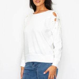 Solid Pear Bead Flower Patch Cut Out Sweatshirt - Image 2