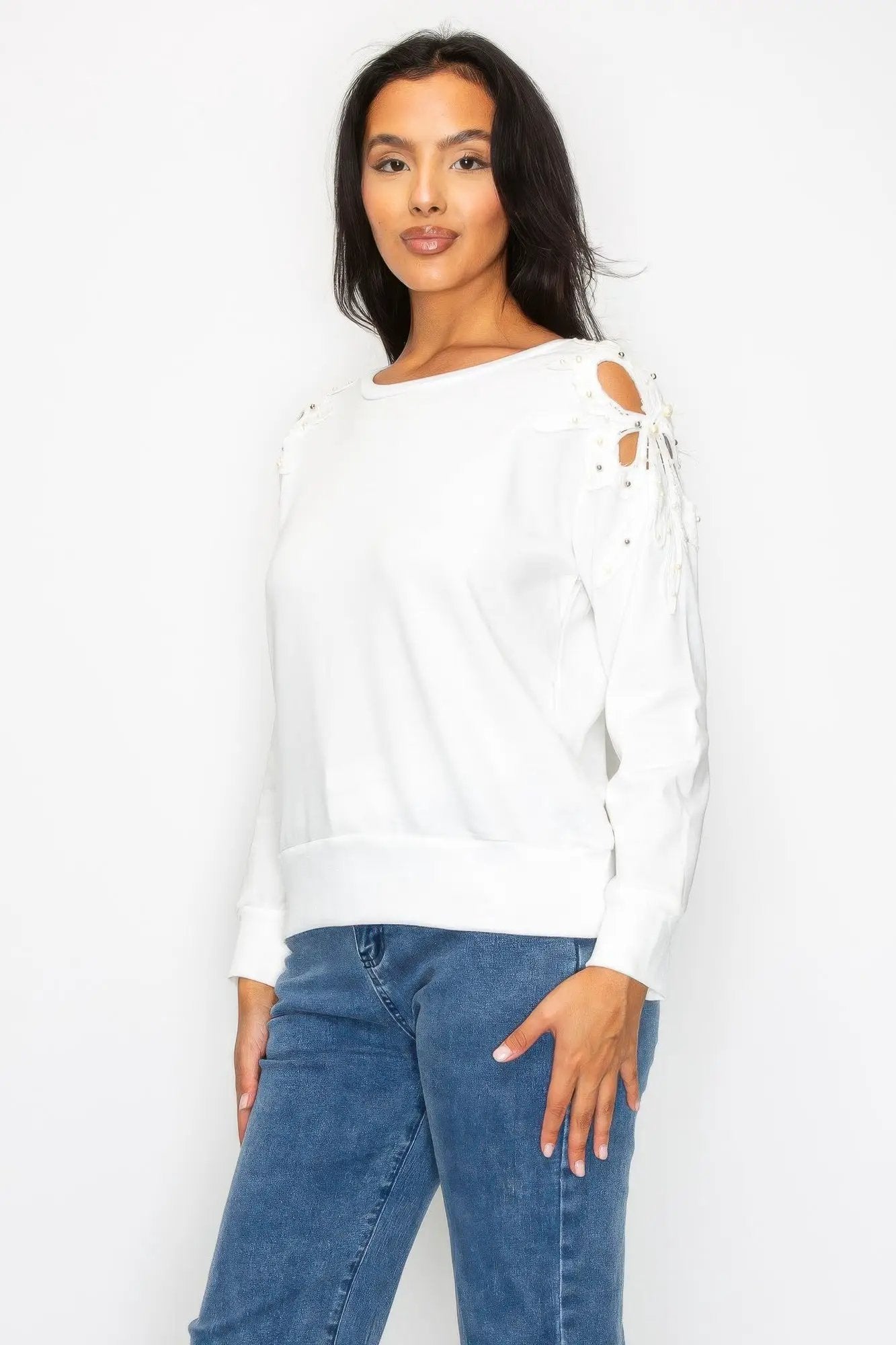 Solid Pear Bead Flower Patch Cut Out Sweatshirt - Image 2