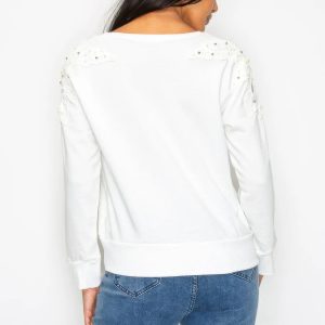 Solid Pear Bead Flower Patch Cut Out Sweatshirt - Image 3