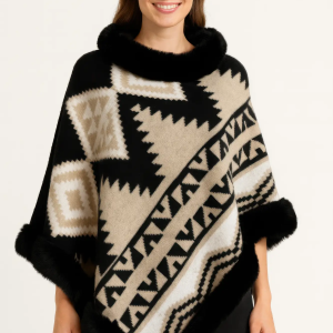 Tribal Luxe Faux Fur Trim Poncho - Image 1