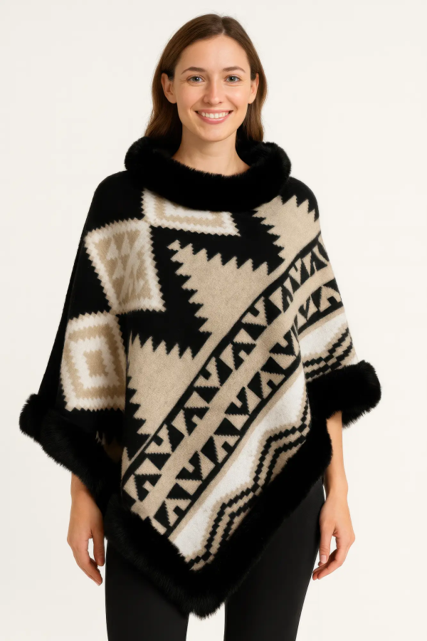 Tribal Luxe Faux Fur Trim Poncho