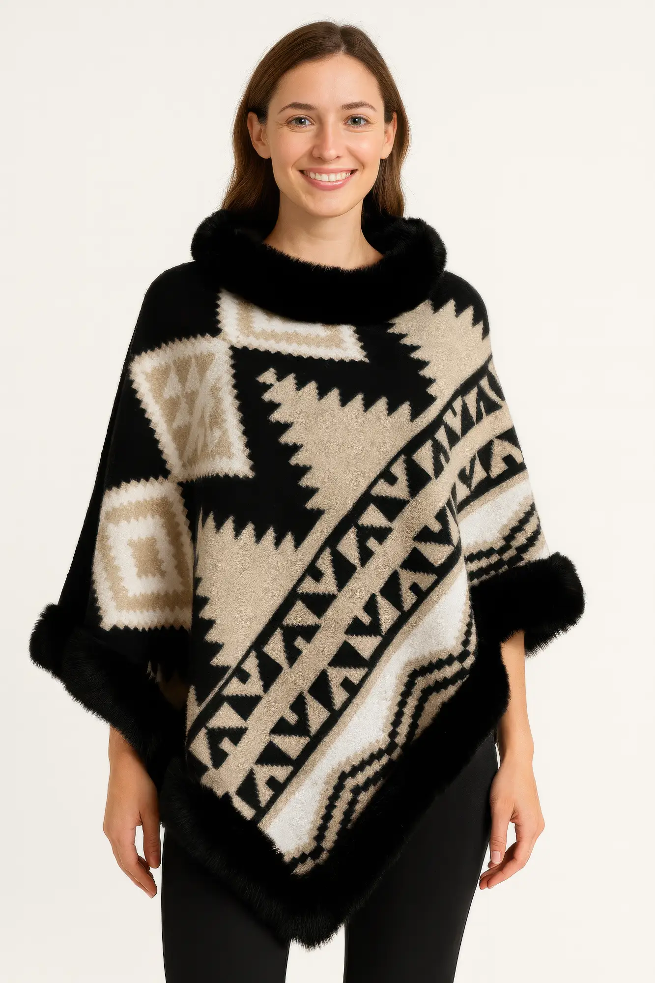 Tribal Luxe Faux Fur Trim Poncho - Image 1