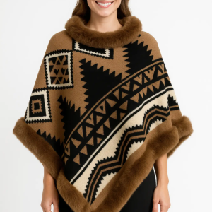 Tribal Luxe Faux Fur Trim Poncho - Image 1