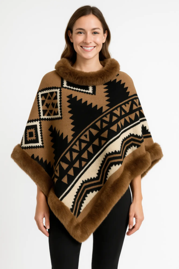Tribal Luxe Faux Fur Trim Poncho