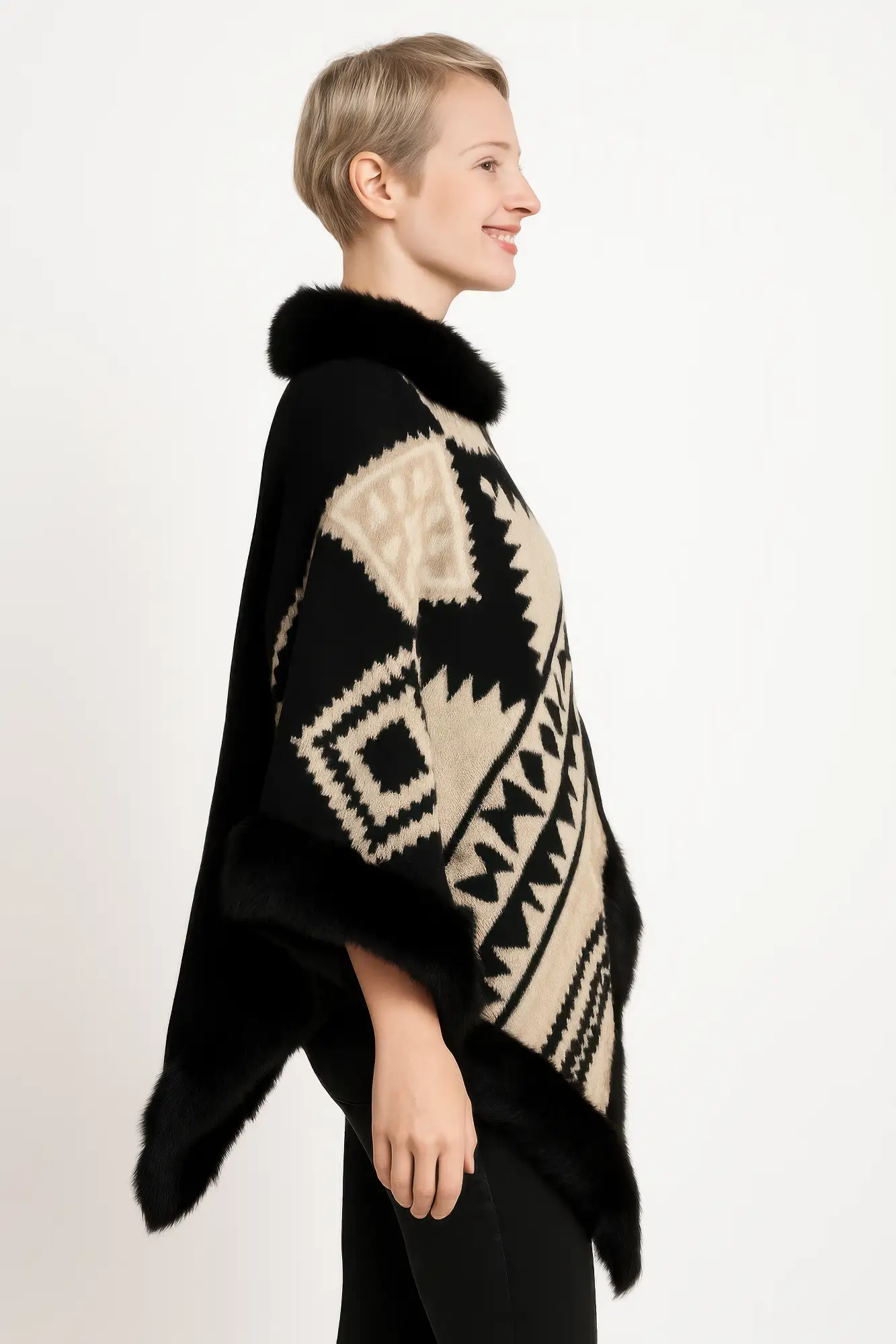 Tribal Luxe Faux Fur Trim Poncho - Image 2