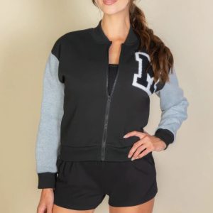 Letter Patched Striped Trim Varsity Jacket - Image 1