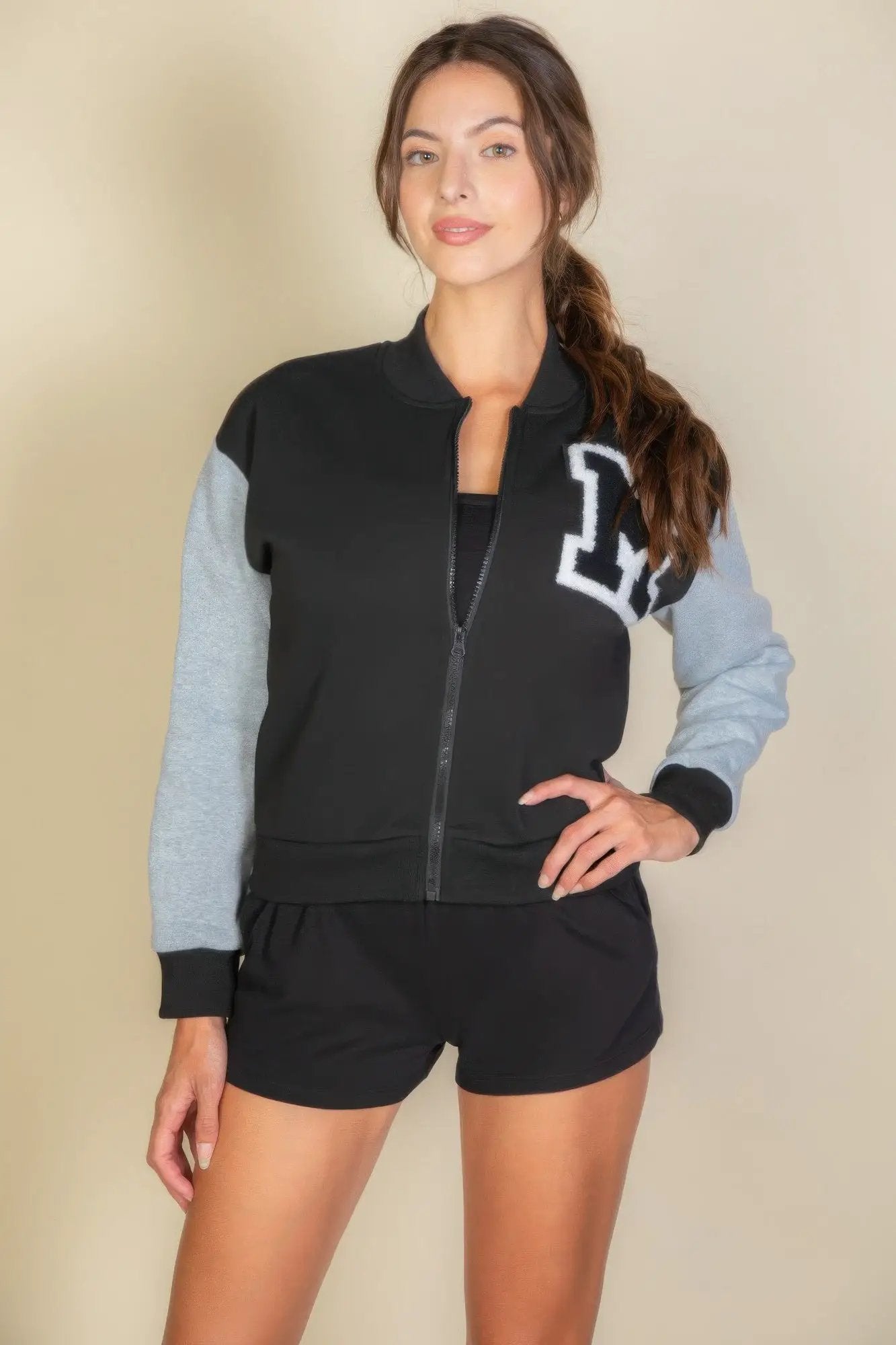 Letter Patched Striped Trim Varsity Jacket - Image 1