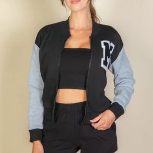 Letter Patched Striped Trim Varsity Jacket - Image 3