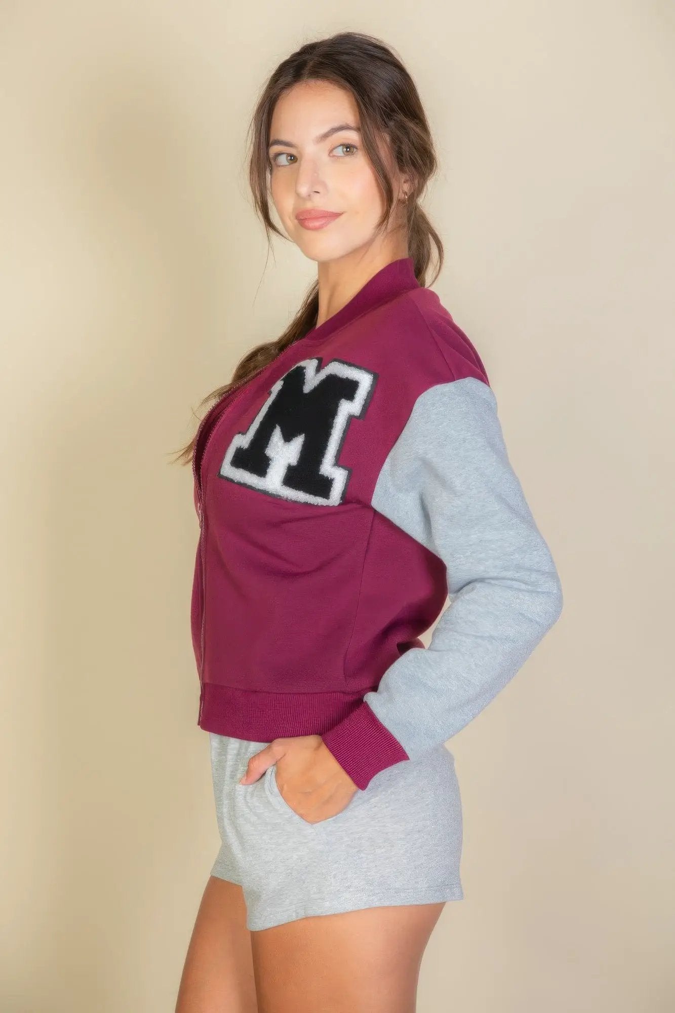 Letter Patched Striped Trim Varsity Jacket - Image 10
