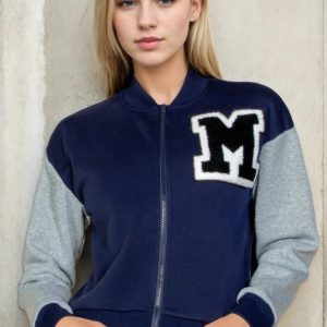Letter Patched Striped Trim Varsity Jacket - Image 8