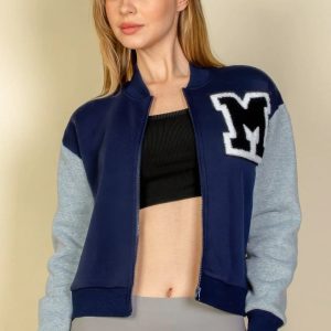 Letter Patched Striped Trim Varsity Jacket - Image 12