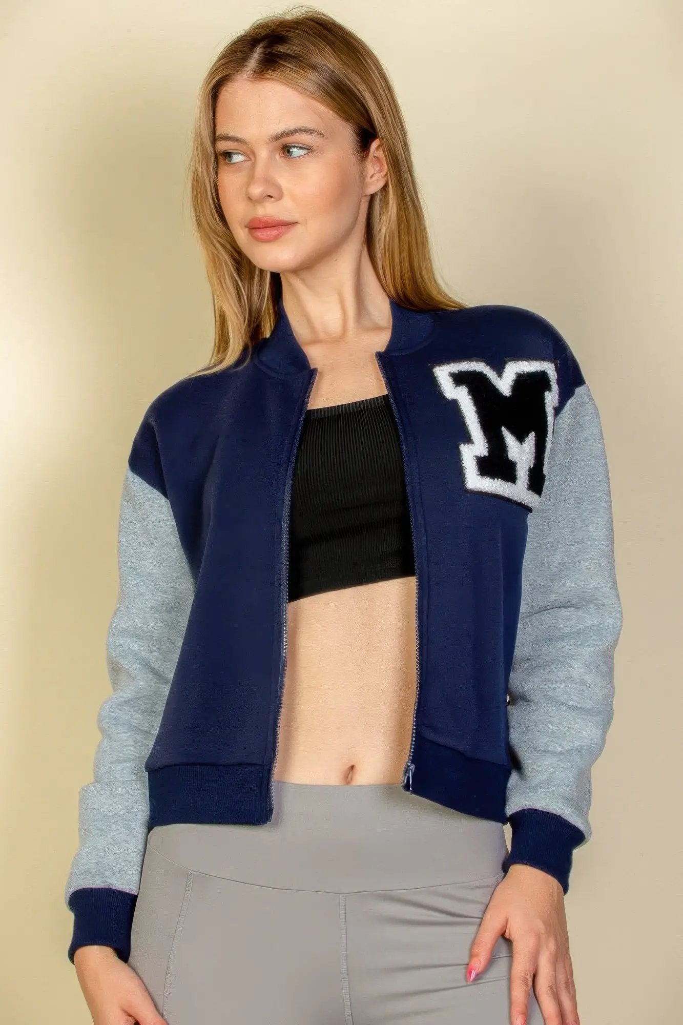 Letter Patched Striped Trim Varsity Jacket - Image 12