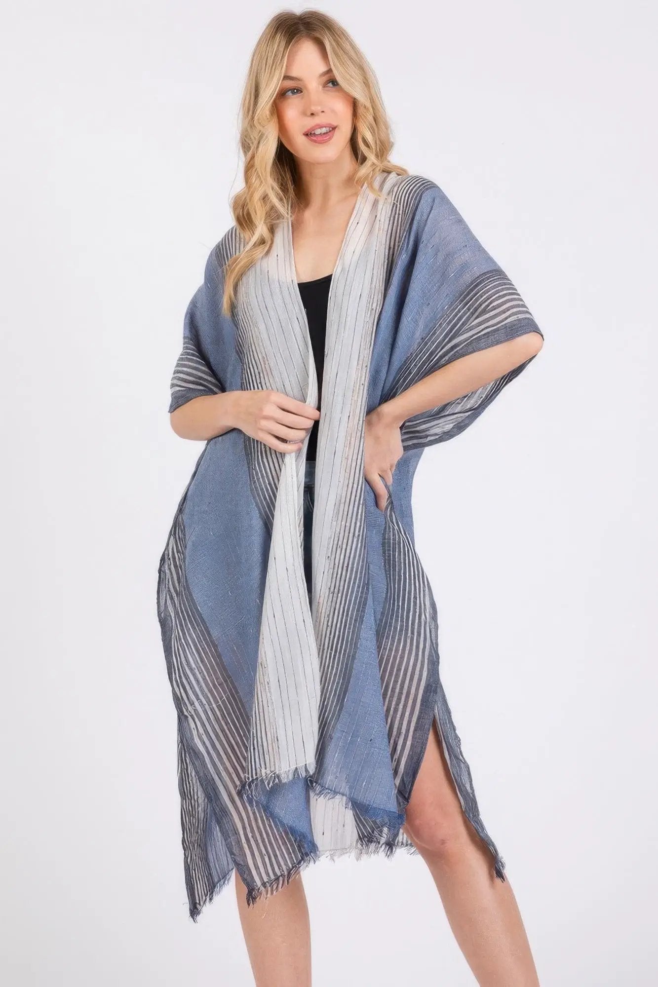 Striped Two Tone Cover Up Kimono - Image 1
