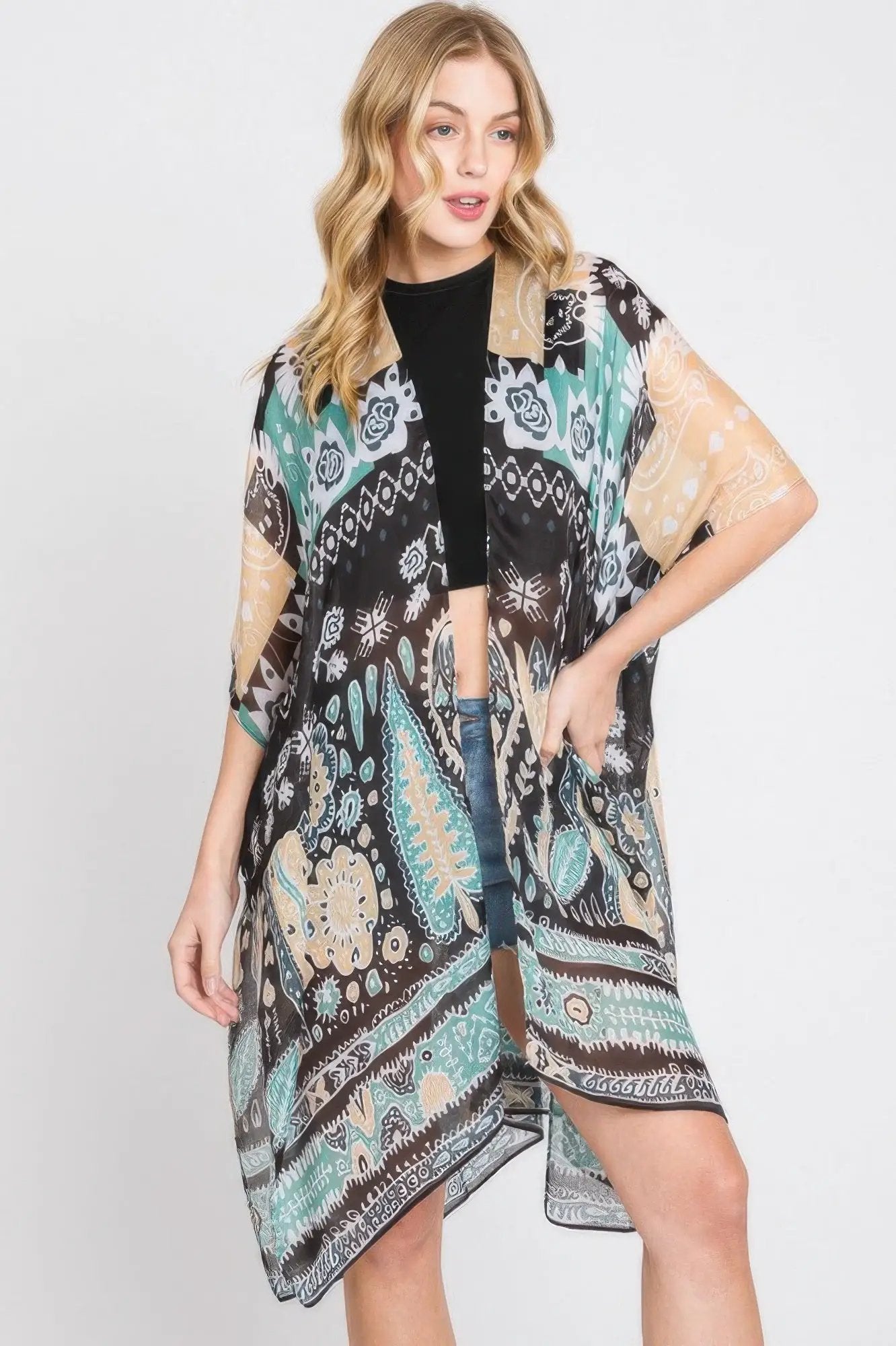 Geometric Boho Print Kimono - Image 1