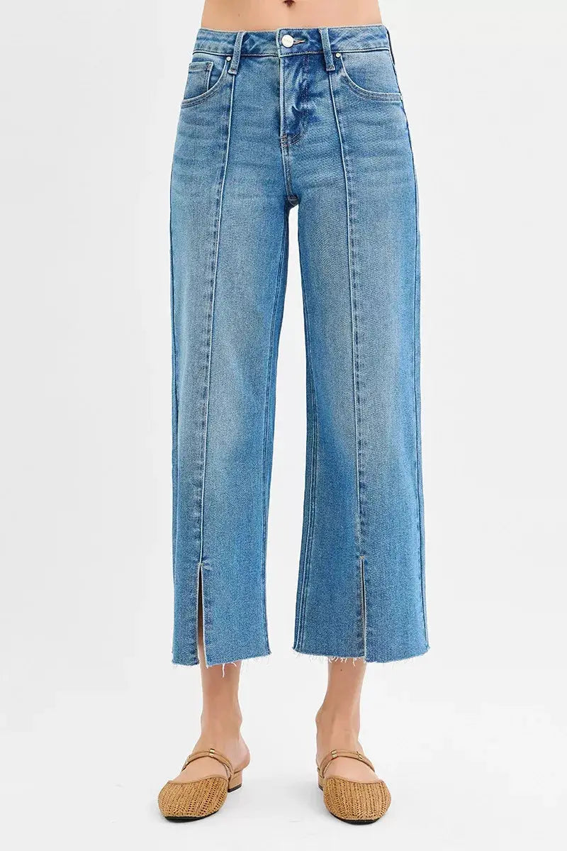 RISEN Tummy Control Mid Rise Crop Wide Front Slit Jeans - Image 2