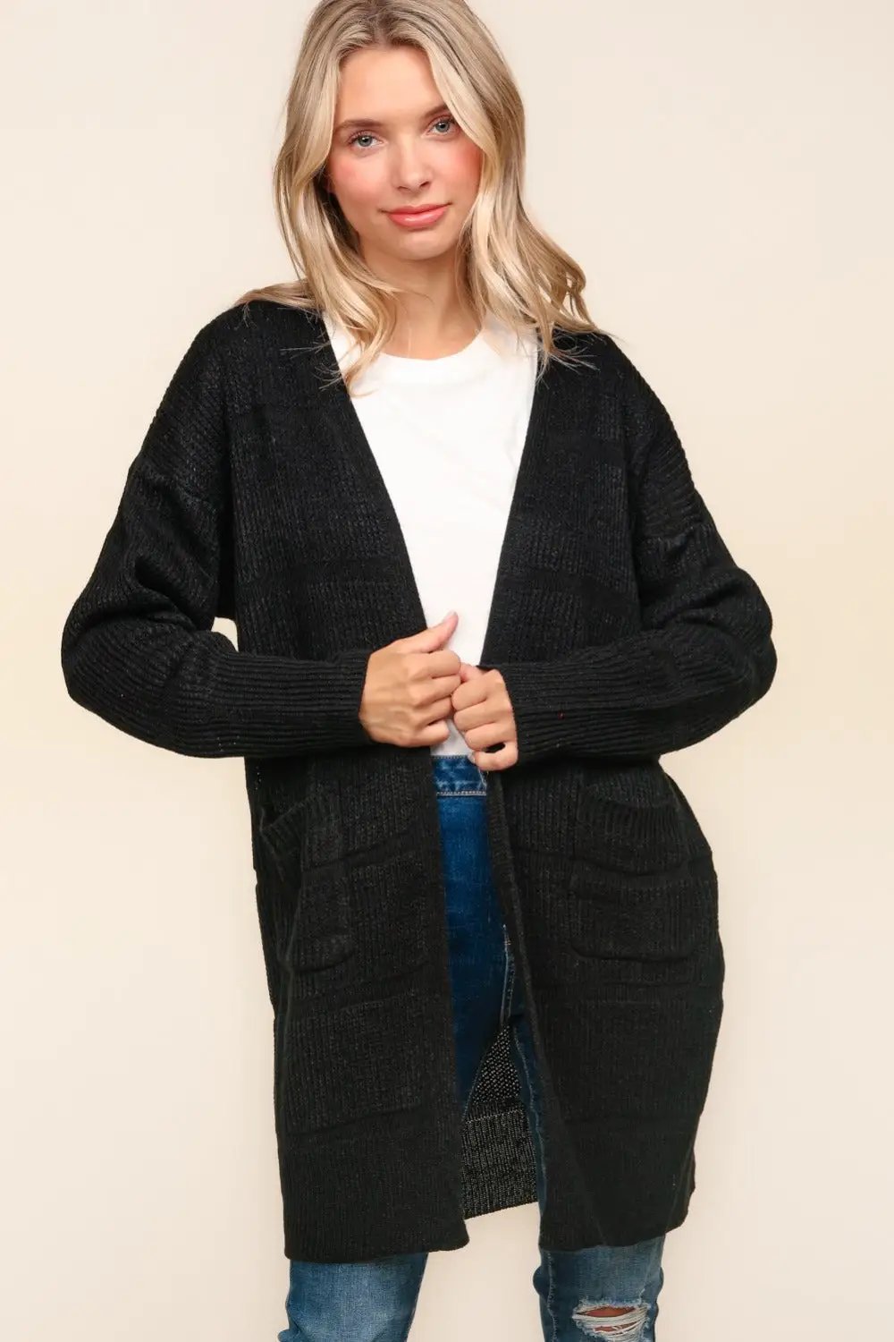 Haptics Stripe Textured Open Front Cardigan with Pockets - Image 1