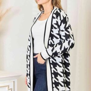 Woven Right Houndstooth Open Front Longline Cardigan - Image 3