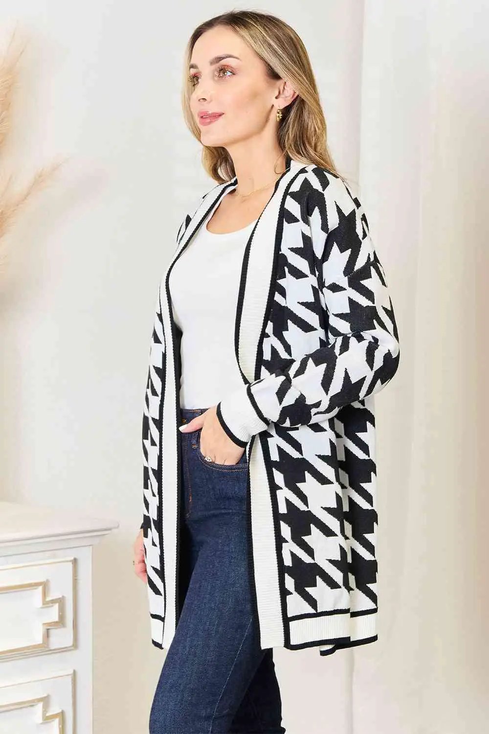 Woven Right Houndstooth Open Front Longline Cardigan - Image 3