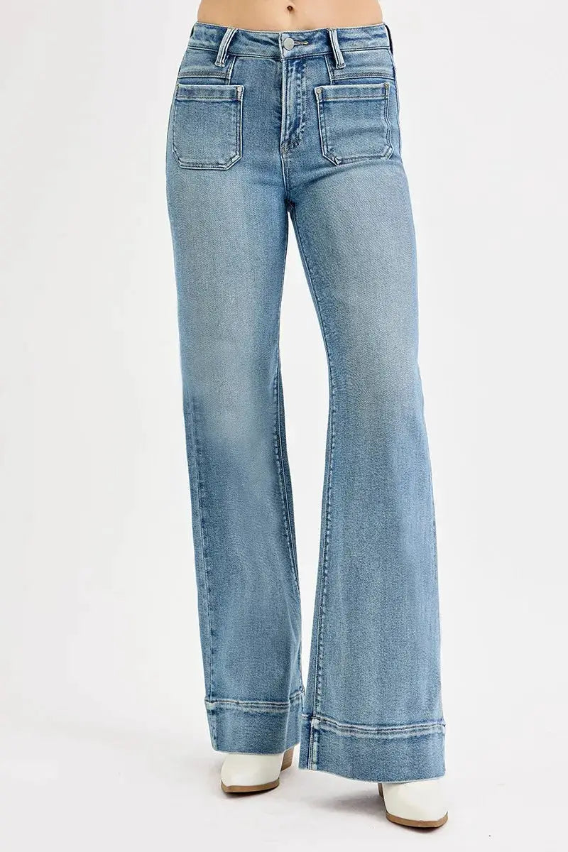 RISEN Full Size High Rise Wide Flare Patch Pocket Jeans Plus Size - Image 2