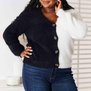 Woven Right Contrast Button-Front V-Neck Cardigan - Image 1